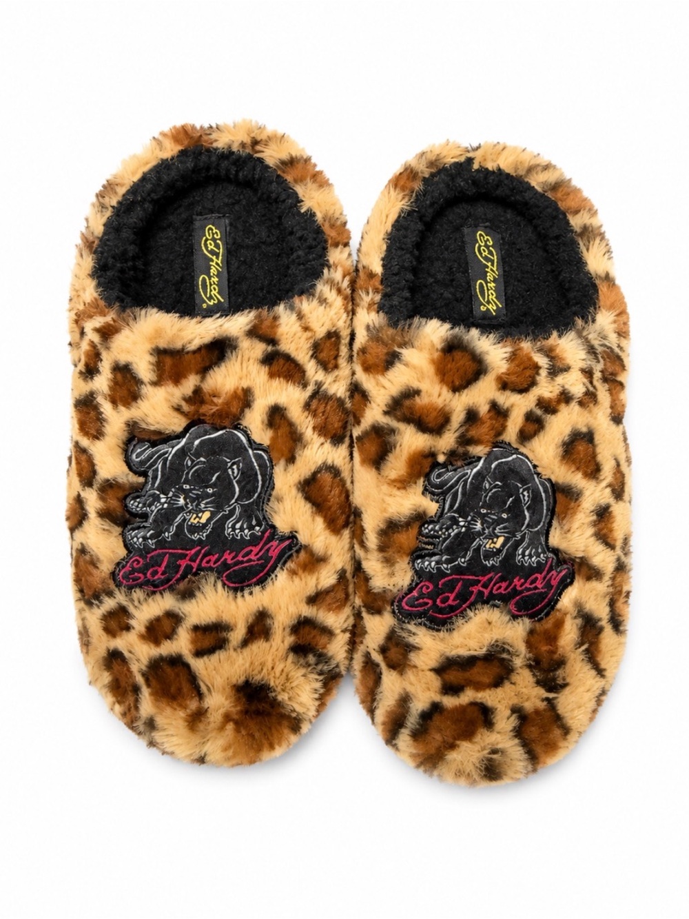 Ed Hardy Leopard-Print Plush Slip-Ons with Panther Patch - Tan, Black, Pink
